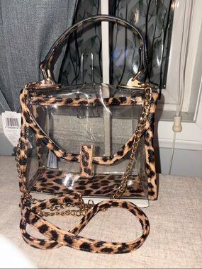 Windsorstore Leopard Print Clear mini Top-Handle Bag / crossbody Gold Chain